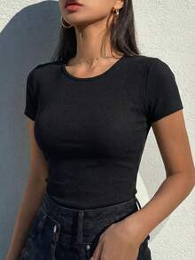 DAZY 女士纯色圆领短袖修身休闲罗纹T恤 夏季 - 黑色 - 查看 4