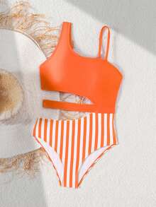 SHEIN Traje de baño de una pieza con parches a rayas para niña preadolescente, adecuado para vacaciones en la playa, fiestas en la piscina y fiestas en la playa - Naranja - Ver 5