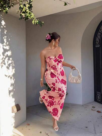 Firerie 大码女士优雅浪漫度假褶皱长裙，度假风红色扎染印花A字系腰飘逸连衣裙，适合婚礼、性感海滩、西部音乐节、夏季波西米亚风等场合。