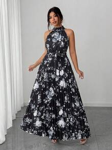 Elenzga Plus Size Women's Elegant Romantic Floral Print Halter Neck Pleated Flowy Waist Maxi Dress - Black - View 3