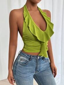 SHEIN Allurite Áo không tay cổ chữ V màu xanh lá cây gợi cảm, Áo xếp ly màu xanh lá cây phong cách ngọt ngào và cá tính, Áo xếp ly ôm dáng cao cấp, Áo dành cho buổi hẹn hò, Áo không tay kiểu dáng quyến rũ, Áo dự tiệc, Áo đa năng mùa hè, Trang phục lễ hội âm nhạc mùa hè, Áo đi biển nữ, Áo lễ Phục sinh nữ - màu xanh lá - Xem 6