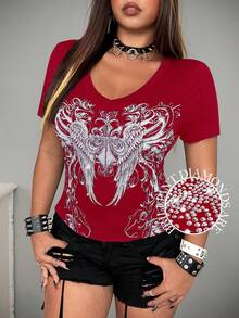 Whyspr Plus Size Women Wing Print Short Sleeve Casual T-Shirt - Red - View 1