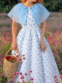 1pc Girls' Elegant Summer White And Blue Pattern Sleeveless Dress,Sweet Fresh Thin Gauze Collar Mid-Length Dress For Daily Picnic Party & Gathering - Blue - View 1