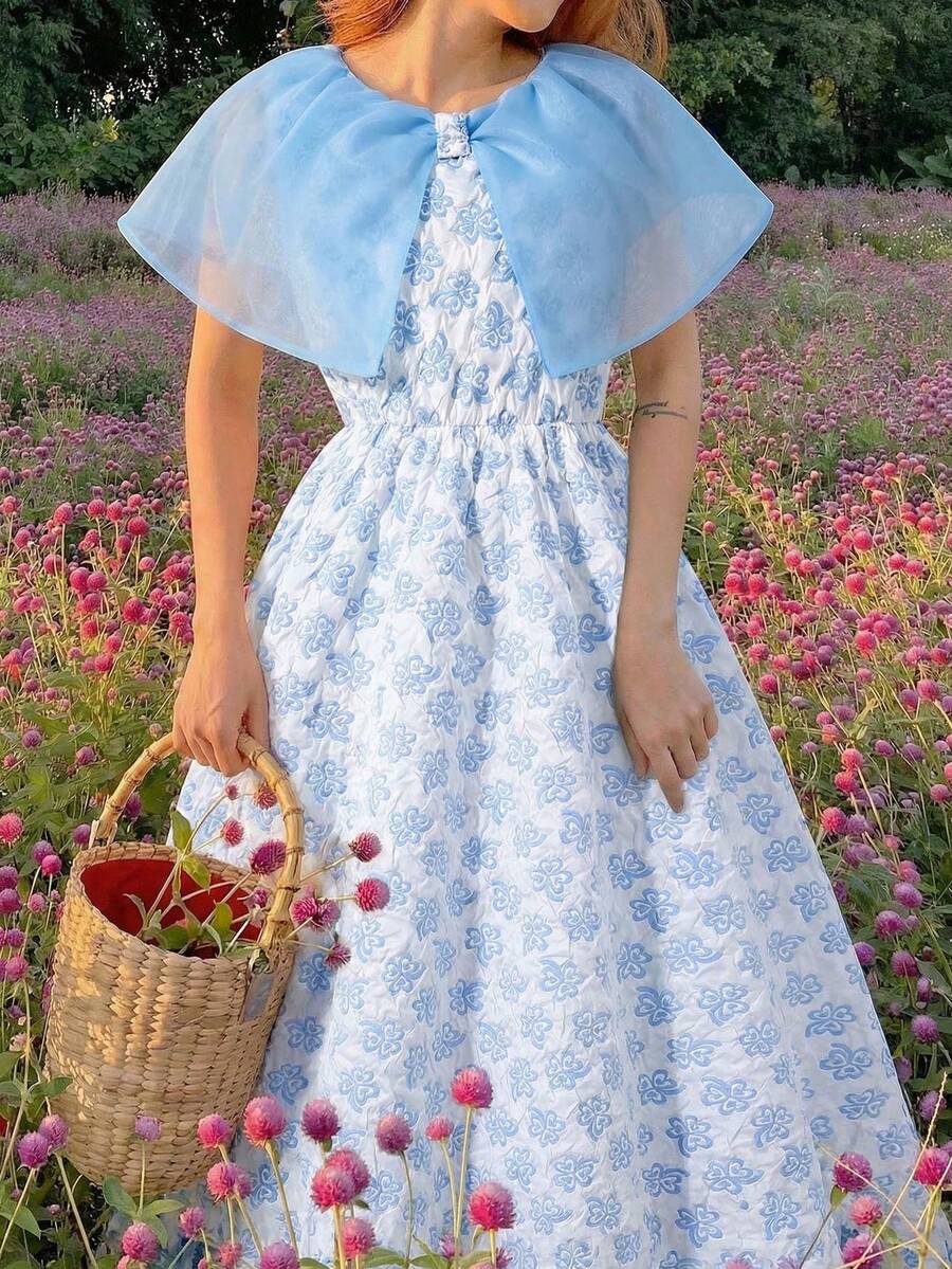 1pc Girls' Elegant Summer White And Blue Pattern Sleeveless Dress,Sweet Fresh Thin Gauze Collar Mid-Length Dress For Daily Picnic Party & Gathering - Blue - View 1