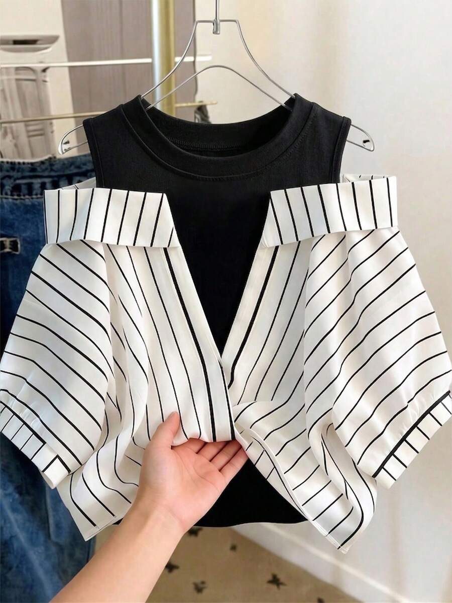 Conjunto de vacaciones para mujer con camisa a rayas de dos piezas falsa - Multicolor - Ver 1