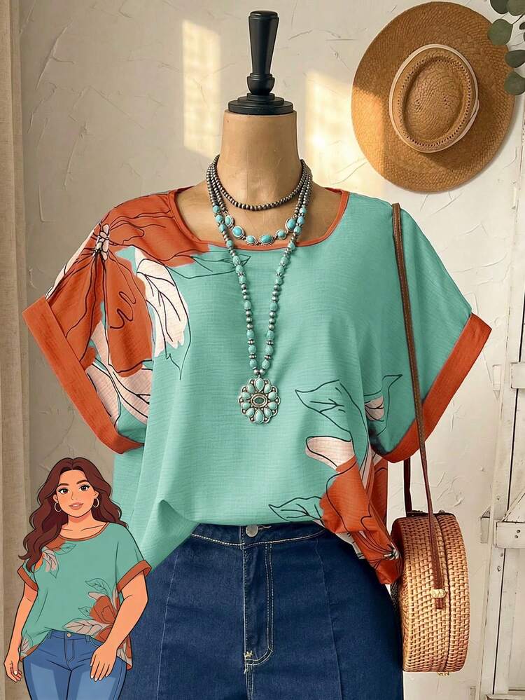 Plus Size Women's Summer Casual Vacation Country Short Sleeve Floral Print Blouse, Summer Holiday,Spring Break,Vacation,Holiday,Going Out,2026 New,Simple And Fashionable For Everyday Wear,Casual Vacation Boho Top, Summer Casual Tops, Vintage Tops Women Blouses Summer,Suitable For Summer, Vacation, Commute, Daily Wear, Summer Tops,Vacation, Daily Wear, Festival Outfits For Women,Country Concert Outfit,Beach Outfits For Women,Western Style
