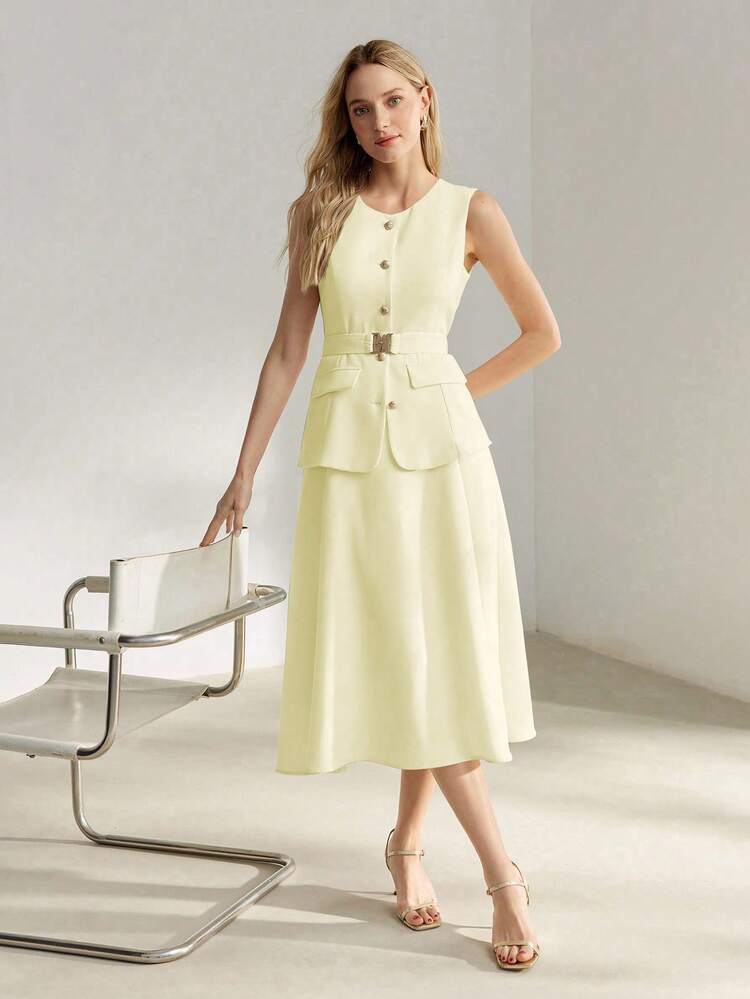 SOLID PEPLUM WAIST FLARE HEM BELTED DRESS MAXI WOMEN OUTFIT