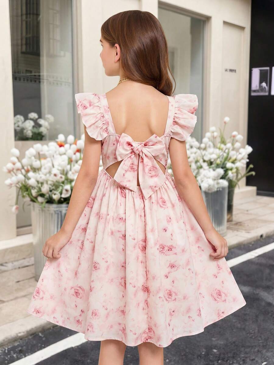 SHEIN 少女优雅蝴蝶结装饰荷叶边印花连衣裙 - 粉色 - 查看 1