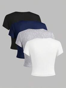 SHEIN Girlism 4pcs/Set Teen Girl Solid Color Knit Casual Short Sleeve T-Shirt - Multicolor - View 2