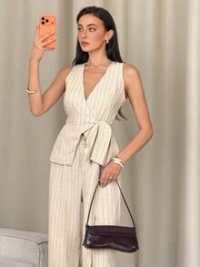 DAZY 女士两件套条纹裹身V领系带背心外套和阔腿裤休闲度假套装，春夏女士家居服套装 - 杏色 - 查看 7