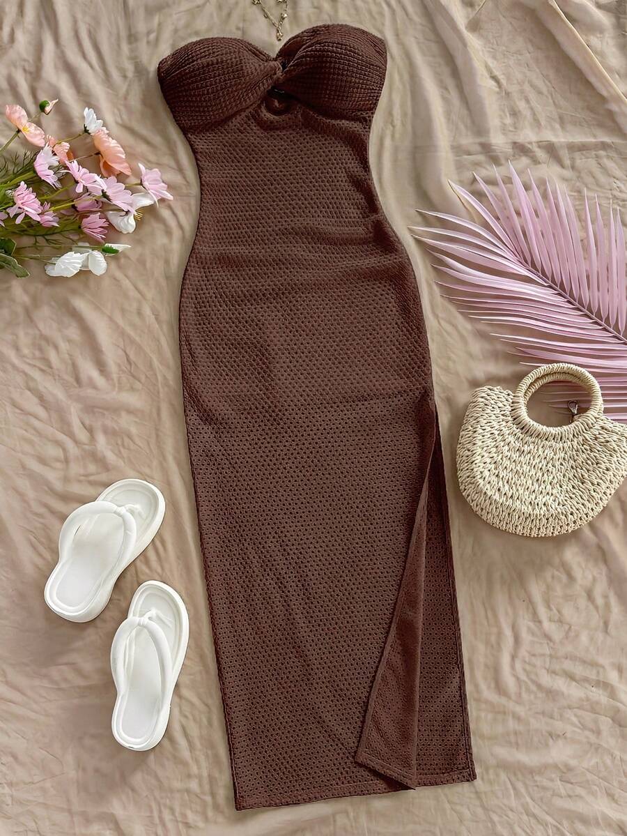 SHEIN WYWH Đầm quây xoắn màu trơn dành cho nữ, chất liệu vải có họa tiết. - Cà phê nâu - Xem 1