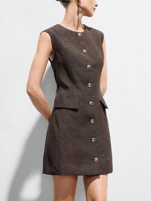 Aveloria Modichic Women's Round Neck Metal Single-Breasted Sleeveless Mini Dress - Multicolor - View 4