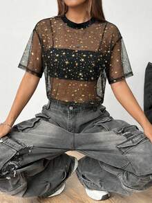 SHEIN EZwear 女士黑色金箔星形网纱圆领短袖露脐上衣 - 黑色 - 查看 7