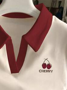 Resyla Áo thun ngắn tay nữ in chữ Cherry phối màu, kiểu dáng thường ngày. - Nhiều màu - Xem 4