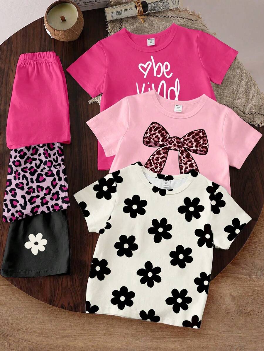 6pcs/Set Young Girl Light Pink Summer School Casual T-Shirt And Shorts Outfits,Floral,Leopard Print,Bow Decor,Funny Slogan Graphic Print Cozy Outfits - Multicolor - View 1