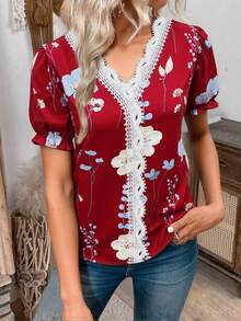 EMERY ROSE 女士夏季度假休闲印花蕾丝边衬衫 - 酒紅色 - 查看 4