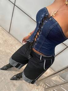 StreetHx Áo corset denim buộc dây, khoét lỗ, phong cách đường phố thường ngày, gợi cảm. - Rửa trung bình - Xem 3