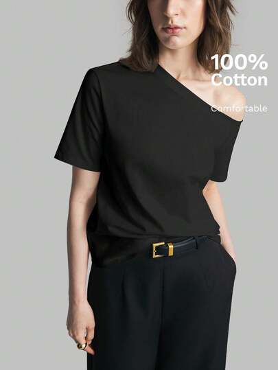 Ontre 2026SS Nueva Blusa de Mujer de unicolor con Hombros Descubiertos y Manga Corta, Uso Casual Diario, Camiseta Holgada Casual Negra, Blusas de Verano para Mujer, Casual de Negocios, Vacaciones, Playa, Fiesta de Cumpleaños, Atuendo de Maestra, Regreso a Clases, Blusa Bardot