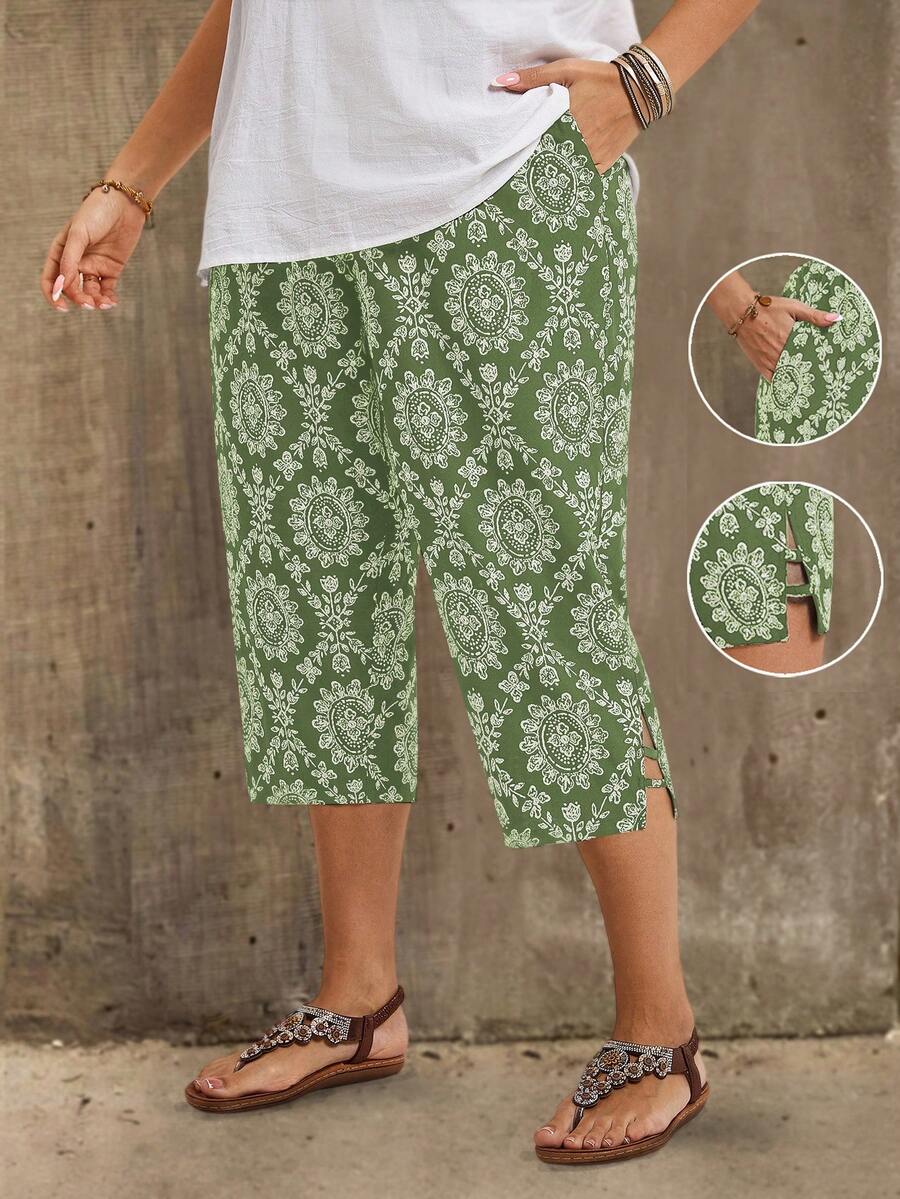 EMERY ROSE Quần ống côn in họa tiết toàn thân cỡ lớn, trang phục thường ngày thoải mái kiểu đồng quê cho nữ, đơn giản và thời trang cho mặc hàng ngày, áo hè cho nữ, trang phục hè cho nữ - Màu xanh Ô liu - Xem 1