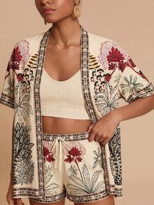 Travachic 2pcs Vacation Chiffon Loose Shirt & High Waist Loose Shorts Set For Women,Vacation Outfits Women,Summer Outfits For Women - Multicolor - View 5