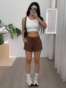 SHEIN EZwear 2026夏季女士休闲纯棕色抽绳腰侧口袋短裤 - 棕色 - 查看 5