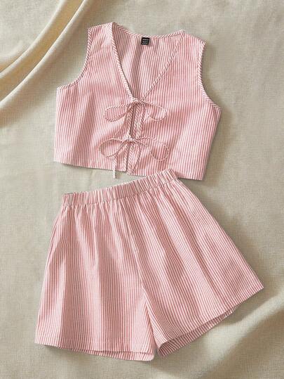 KARISMINA 2 piezas Conjunto informal de mujer con top corto y pantalón corto holgado de cintura alta con estampado de rayas tejido