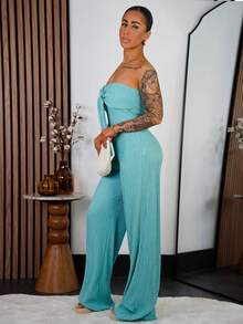 SAYEHFBABY Bộ jumpsuit nữ màu cam dệt kim, kiểu dáng thường ngày, gợi cảm và thanh lịch cho mùa xuân hè, gồm áo ống và quần dài ống rộng thắt nơ. - Màu xanh bạc hà - Xem 4