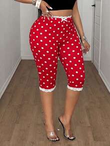 Maweii Plus Size Women Lace Trim Bow Decor Polka Dot Casual Versatile Daily Wear Skinny Capri Leggings - Red - View 7