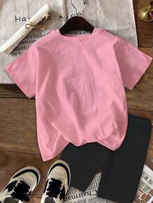 SHEIN 2件套少女休闲时尚彩色韩流女团字母星星印花短袖T恤和短裤套装，适合度假、派对、日常穿着、演唱会、夏季等场合。 - 彩色 - 查看 3