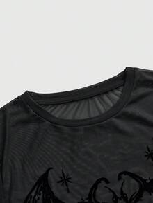 ROMWE Plus Size Gothic Bat Wing Flocked Texture Sexy Cutout Long Sleeve Top For Women - Black - View 3