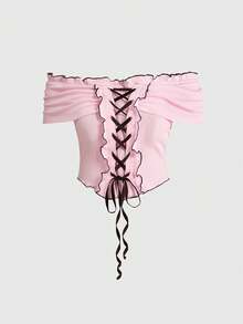 ROMWE Kawaii Sweet Pink Off-Shoulder Tie-Up Contrast Color Plus Size Casual Top For Women - Pink - View 2