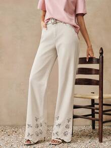 Anewsta Jeans rectos de pierna casual con bolsillo sesgado y bordado floral blanco - Blanco - Ver 7