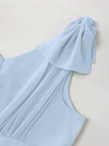 Teen Girl Baby Blue Summer Elegant Party Dress,Solid Color Shoulder Bow Decor Sleeveless V-Neck Pleated Ruffle Sleeve Flare Dress,Light Blue Dress - Baby Blue - View 5