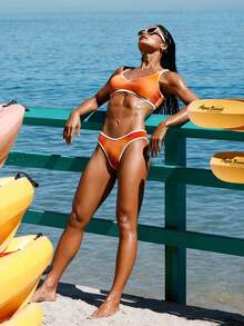 GLOWMODE Klorresistenta sandiga tår med medelhög midja Antibakteriellt foder V-midjeband Kontrastpiping Bikiniunderdelar Simning Strand Pool Semester Sommarkläder - Orange - Visa 7