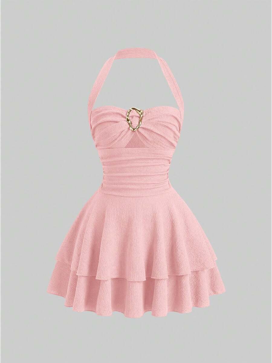 SHEIN Sweetro 新款春夏女士复古性感修身镂空露背优雅派对百搭舒适休闲棕色连衣裙 - 粉色 - 查看 1