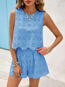 Vivid Eden Women's Elegant Blue Floral Eyelash Lace 2 Pieces Set,Summer Boho Holiday Jacquard Two Piece Sets,Vacation Outfits For Women,Beach Tea Party Brunch - Blue - View 9