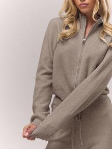 MUSERA Áo len dài tay cổ cao ôm sát, khóa kéo, kiểu dáng cổ điển, dễ thương, phong cách đồng quê, nhà tranh, thích hợp mặc đi học, mặc nhà thoải mái cho nữ, màu caramel, thanh lịch, dự tiệc tối, áo len mùa xuân, kỳ nghỉ hè. - Màu Khaki - Xem 5