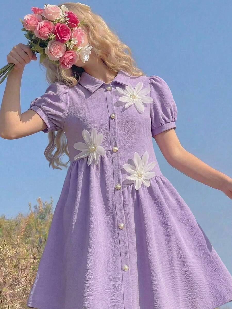 Tween Girl Floral Decor Purple Puff Sleeve Dress, Suitable For Spring/Summer Lilac Kids Dress Kids Purple Dress Kids Dresses Purple Lavender Dress For Kids Purple Dress For Kids Flower Embellished Dress Lavender Dress For Girls Matching Dress For Girls Lilac Dress Kids - Purple - View 1
