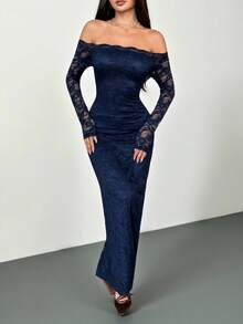 SHEIN PETITE 女士露肩长袖蕾丝拼接迷你连衣裙，夏季连衣裙 春季服装 - 藏蓝色 - 查看 7