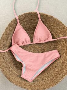 Swim Mod Bộ bikini 2 mảnh dành cho nữ, màu đen, họa tiết chấm bi trắng ngẫu nhiên, kiểu dáng ngọt ngào, dễ thương, cổ yếm, cạp cao, thích hợp cho mùa Xuân/Hè 2026. - Hồng - Xem 5