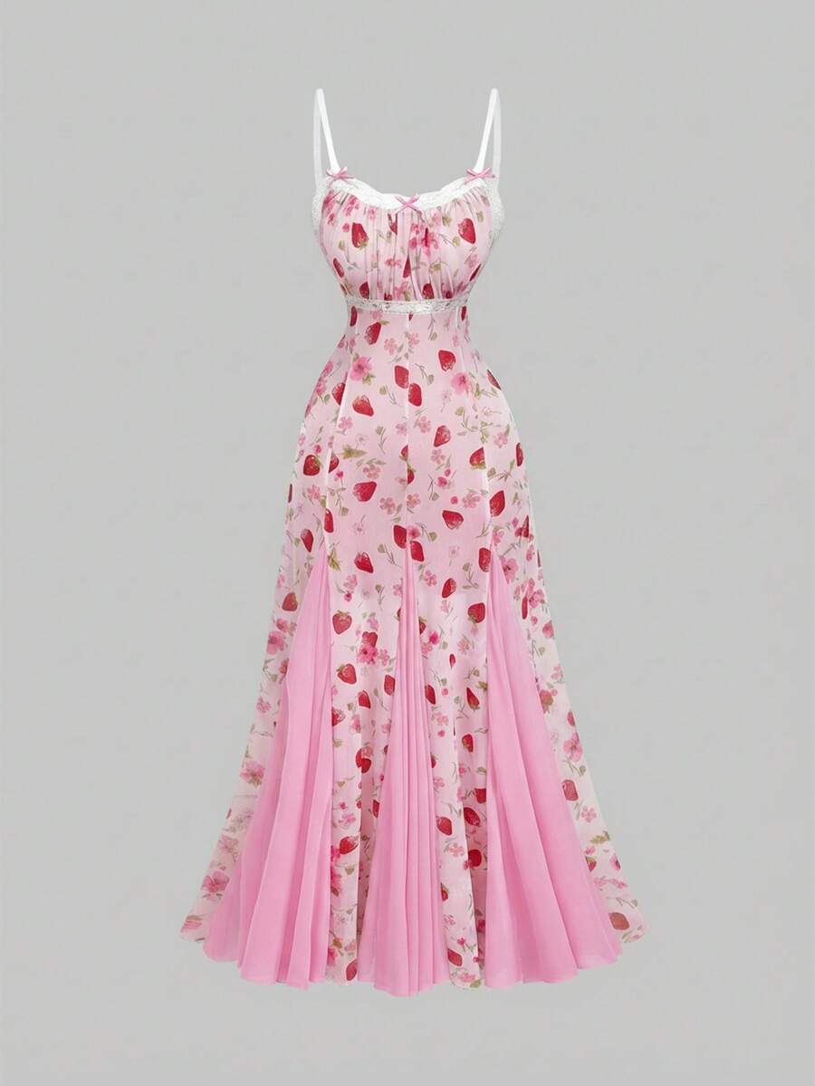 ROMWE Kawaii Vestido de sirena ajustado con estampado de fresas en todo el diseño, elegante para primavera/verano, adecuado para el Día de San Valentín y Navidad - Multicolor - Ver 1