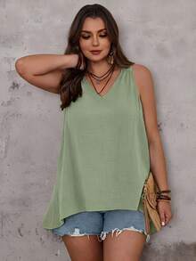 EMERY ROSE Plus Size Women Lace Patchwork Front Short Back Long Tank Top Pure Cotton Tops Blouse For Summer Latest New Arrivals Blouses Zanzea Casual - Green - View 3