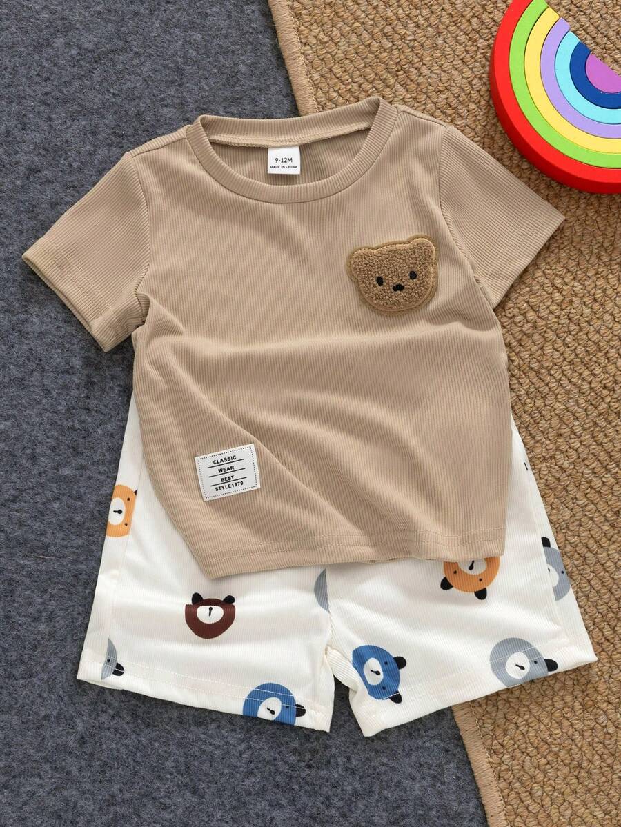 SHEIN Playful Pals 2pcs/Set Infant Toddler Baby Boys' Cartoon Bear Decor Collar Short Sleeve Cardigan & Bear Print Shorts, Baby Boy Shirt & Shorts Set, Ribbed Fabric Set, Baby Boy Clothing Set, Summer Baby Bear Outfit Baby Boy Outfit Baby Boy Shorts Set Baby Boy Bear Outfit Bear Tshirt Toddler Boys Clothes Toddler Boy Outfit Baby Boy Set Boy Outfit Sets Boy Summer Outfit Set Boy Outfit Baby Boy Clothes Boys Outfit Sets Baby Casual Sets Boy Summer Sets - Multicolor - View 1