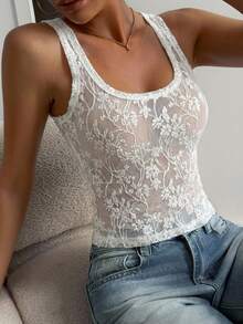 DAZY Women's Solid Color U-Neck Sleeveless Lace Fitted Fashion Tank Top, Summer - White - View 3