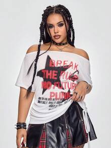 ROMWE Grunge Punk Plus Size Punk Pentagram Pattern Off Shoulder Loose Casual T-Shirt - White - View 4