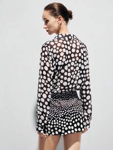 Aveloria Modichic Black & White Polka Dot Print Button-Front Sheer Blouse And Mini Skirt Set, Retro Elegant Chic Blouses For Women Work Business Casual Women Tops Designer Top Business Women Clothes Lightweight Sheer Mesh Fabric, Long-Sleeve With A Collar Design, Black Vintage Polka Dots With A Gradient Of Varying Sizes, Fashionable For Commuting, Coordinated Set Styling, Elegant Temperament, Suitable For Afternoon Tea And Shopping. - Black and White - View 2