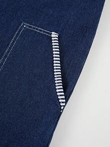 Mono de mezclilla con diseño de tirantes de hombro a rayas y patchwork para mujer - Azul - Ver 4