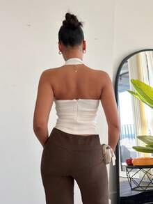leahseptember Áo hở lưng cổ yếm màu trơn thanh lịch, mùa hè - trắng - Xem 5