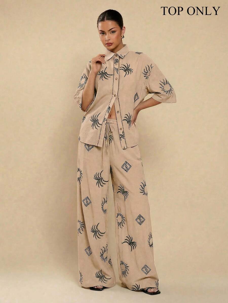 COSMINA Áo sơ mi nữ tay ngắn bằng vải lanh thêu màu đen, áo sơ mi thêu thường ngày, áo sơ mi tay ngắn màu đen, áo sơ mi đen, áo sơ mi đi nghỉ mát - Màu Khaki - Xem 1