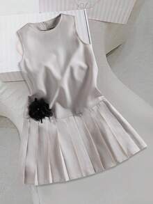 Elladie kids 女童百搭简约舒适清新可爱时尚百搭优雅无袖褶皱连衣裙 - 杏色 - 查看 3